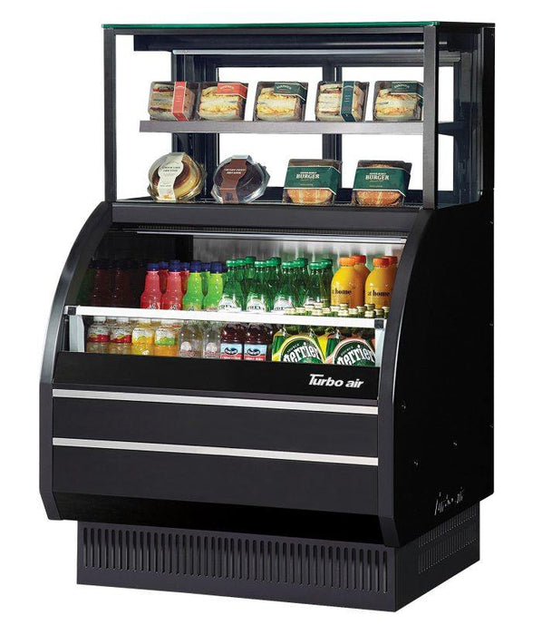 Turbo Air TOM-W-40SB-UF-N 38 7/8" Black Horizontal Open Air Cooler w/ (4) Levels – Ultra Front Display Merchandiser, 115v - Donut-Equipment.com