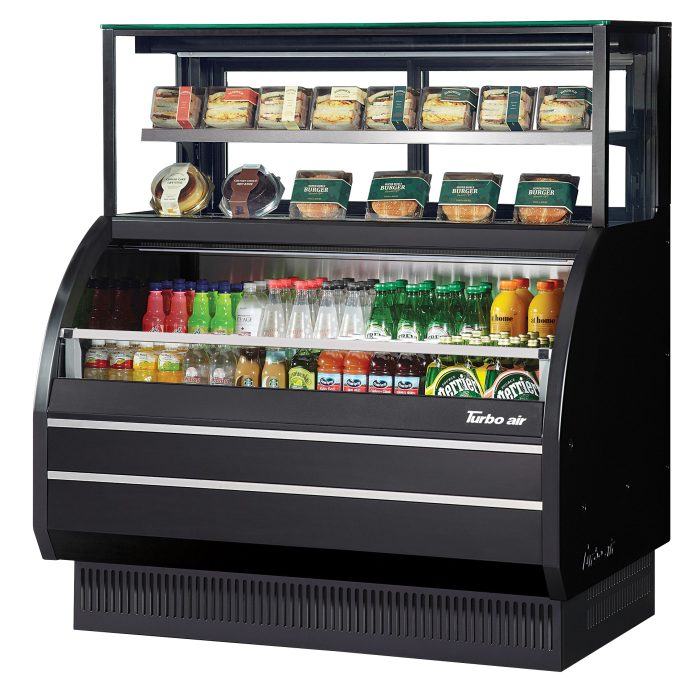 Turbo Air TOM-W-50SB-UF-N 50 7/8" Black Horizontal Open Air Cooler w/ (4) Levels – Ultra Front Display Merchandiser, 115v - Donut-Equipment.com