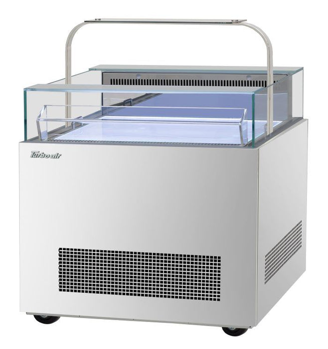 Turbo Air TOS-30NN-D-S 30 1/4" Stainless Steel Horizontal Open Display Merchandiser / Air Curtain Sandwich and Cheese Display Case – 1 Level with Top Shelf, 115v - Donut-Equipment.com
