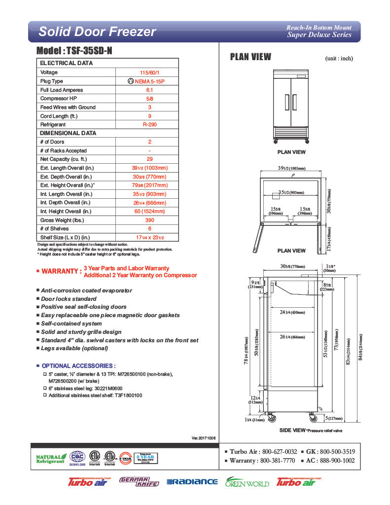 Turbo Air TSF-35SD-N Super Deluxe 40" Solid Door Reach In Freezer - Donut-Equipment.com