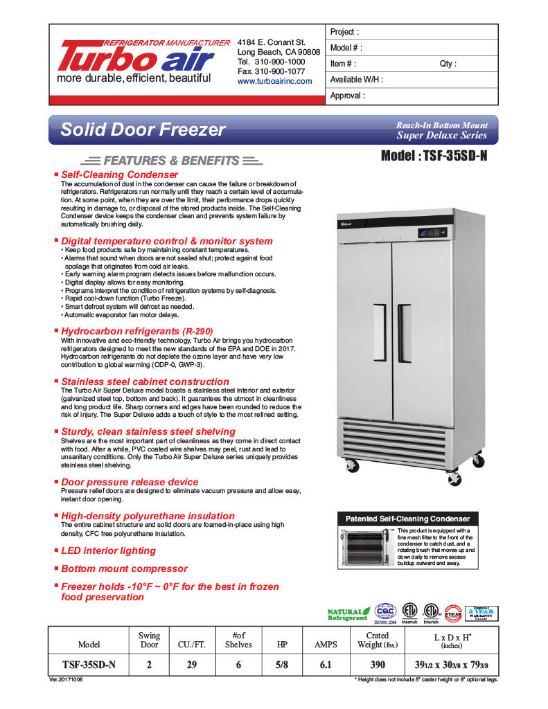 Turbo Air TSF-35SD-N Super Deluxe 40" Solid Door Reach In Freezer - Donut-Equipment.com