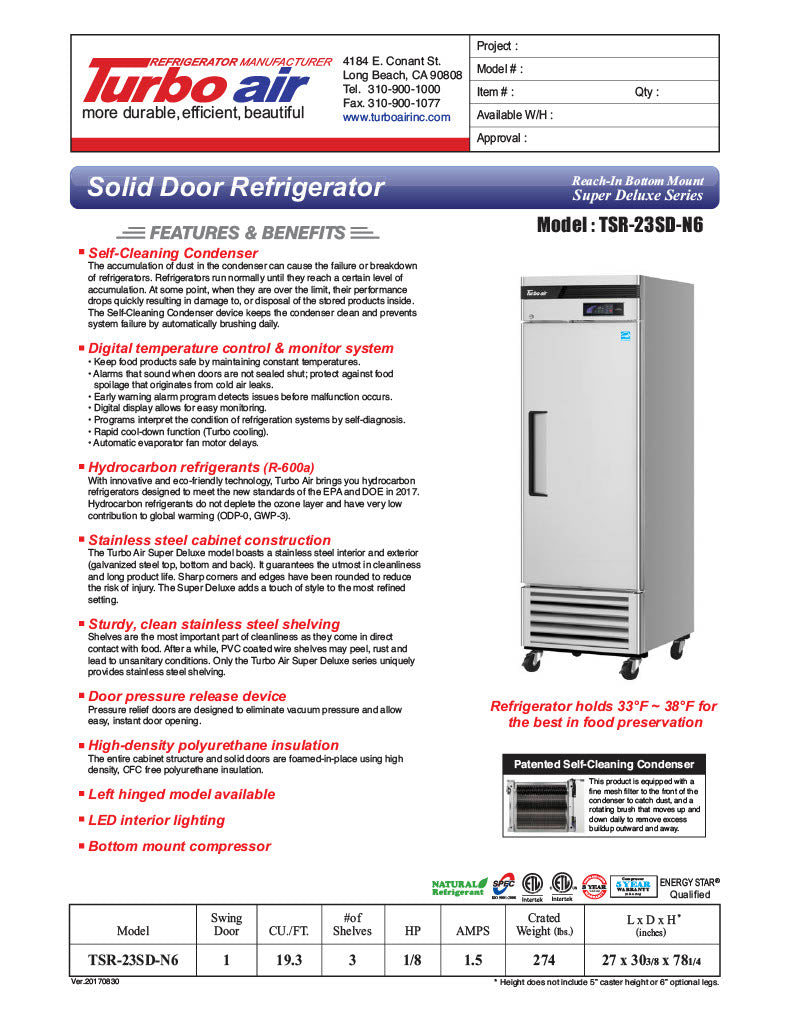 Turbo Air TSR-23SD-N6 Super Deluxe 27" Bottom Mounted Solid Door Reach-In Refrigerator with LED Lighting - Donut-Equipment.com