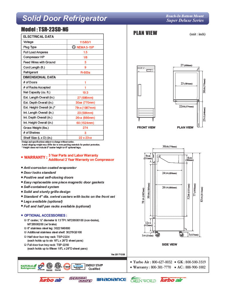 Turbo Air TSR-23SD-N6 Super Deluxe 27" Bottom Mounted Solid Door Reach-In Refrigerator with LED Lighting - Donut-Equipment.com
