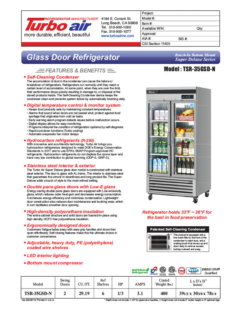 Turbo Air TSR-35GSD-N 39 1/2" Two Section Reach In Refrigerator, (2) Left/Right Hinge Glass Doors, 115v - Donut-Equipment.com