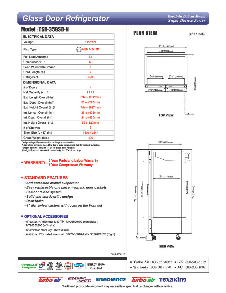 Turbo Air TSR-35GSD-N 39 1/2" Two Section Reach In Refrigerator, (2) Left/Right Hinge Glass Doors, 115v - Donut-Equipment.com