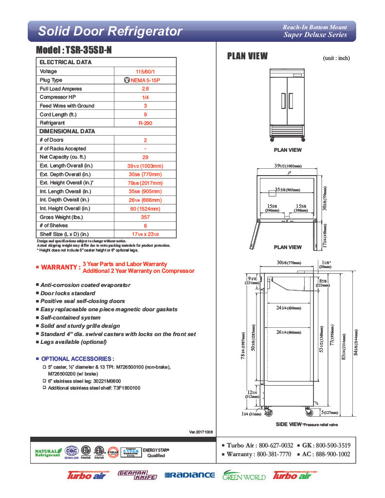 Turbo Air TSR-35SD-N Super Deluxe 40" Bottom Mounted Solid Door Reach-In Refrigerator with LED Lighting - Donut-Equipment.com
