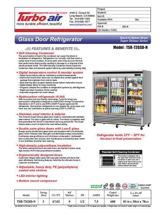 Turbo Air TSR-72GSD-N Super Deluxe 82" Glass Door Reach In Refrigerator - Donut-Equipment.com