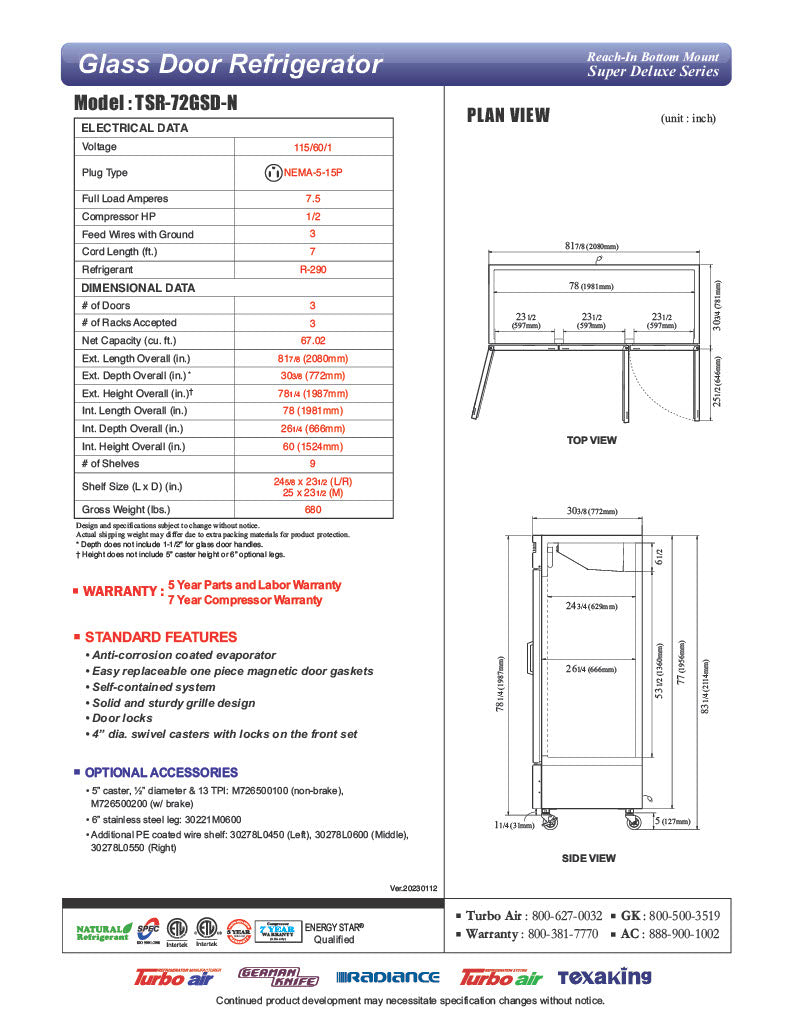 Turbo Air TSR-72GSD-N Super Deluxe 82" Glass Door Reach In Refrigerator - Donut-Equipment.com