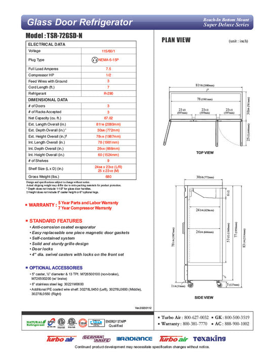 Turbo Air TSR-72GSD-N Super Deluxe 82" Glass Door Reach In Refrigerator - Donut-Equipment.com