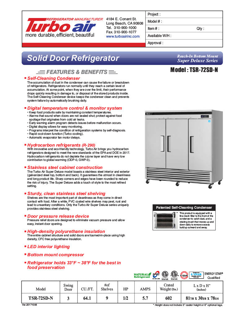 Turbo Air TSR-72SD-N Super Deluxe 82" Bottom Mounted Solid Door Reach-In Refrigerator with LED Lighting - Donut-Equipment.com