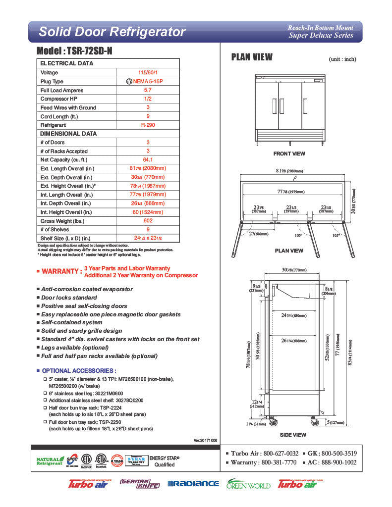 Turbo Air TSR-72SD-N Super Deluxe 82" Bottom Mounted Solid Door Reach-In Refrigerator with LED Lighting - Donut-Equipment.com