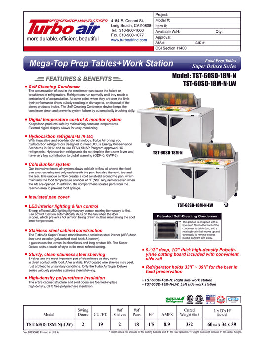 Turbo Air Super Deluxe TST-60SD-18M-N-LW 60" 2 Door Mega Top Refrigerated Sandwich Prep Table with Left Work Station - Donut-Equipment.com