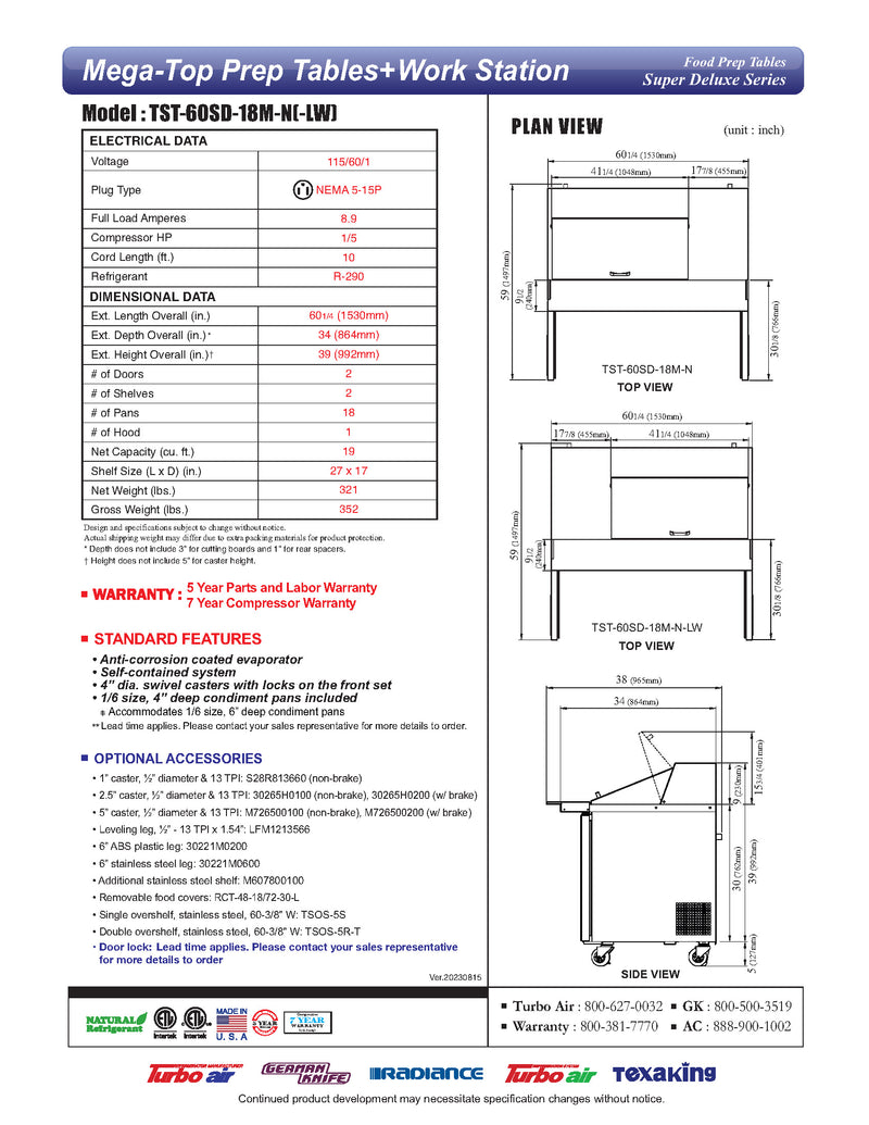 Turbo Air Super Deluxe TST-60SD-18M-N-LW 60" 2 Door Mega Top Refrigerated Sandwich Prep Table with Left Work Station - Donut-Equipment.com