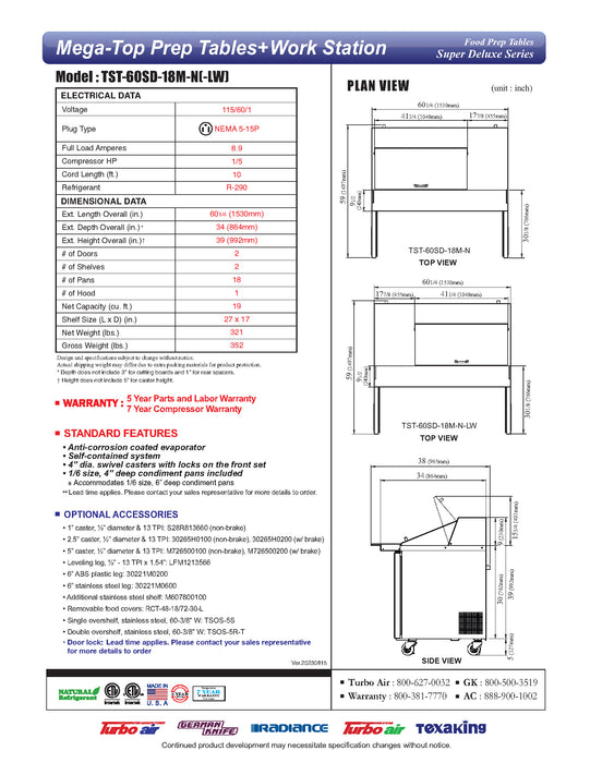 Turbo Air Super Deluxe TST-60SD-18M-N-LW 60" 2 Door Mega Top Refrigerated Sandwich Prep Table with Left Work Station - Donut-Equipment.com