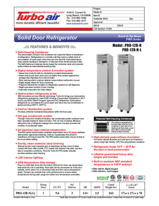 Turbo Air PRO-12R-N(-L) PRO Series Refrigerator Reach-in One-section - Donut-Equipment.com
