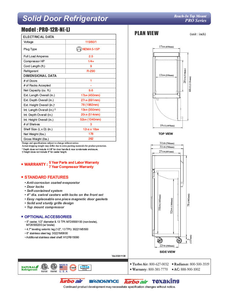 Turbo Air PRO-12R-N(-L) PRO Series Refrigerator Reach-in One-section - Donut-Equipment.com