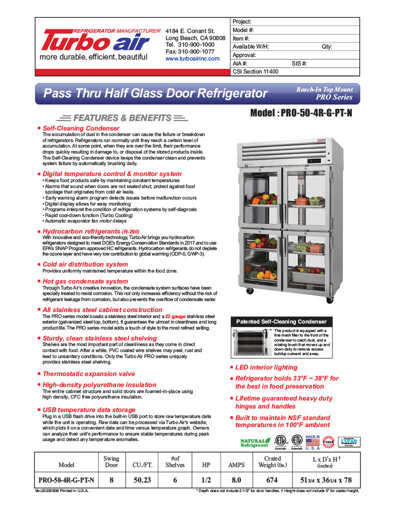 Turbo Air PRO-50-4R-G-PT-N 51 3/4" Two Section Pass Thru Refrigerator, (8) Left/Right Hinge Glass Doors, 115v - Donut-Equipment.com