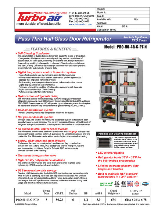 Turbo Air PRO-50-4R-G-PT-N 51 3/4" Two Section Pass Thru Refrigerator, (8) Left/Right Hinge Glass Doors, 115v - Donut-Equipment.com