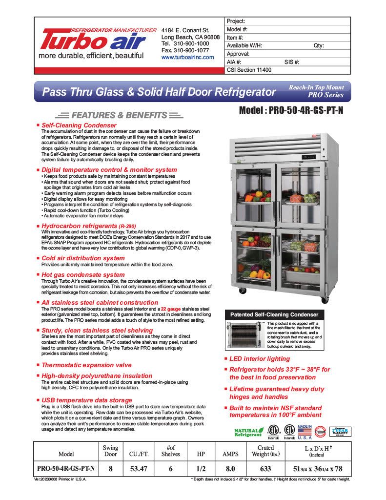 Turbo Air PRO-50-4R-GS-PT-N 51 3/4" Two Section Pass Thru Refrigerator, (4) Glass Doors, (4) Solid Doors, Left/Right Hinge, 115v - Donut-Equipment.com