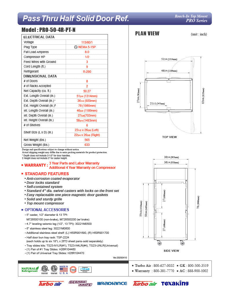 Turbo Air PRO-50-4R-PT-N Pro Series 52" Solid Half Door Pass-Through Refrigerator - Donut-Equipment.com
