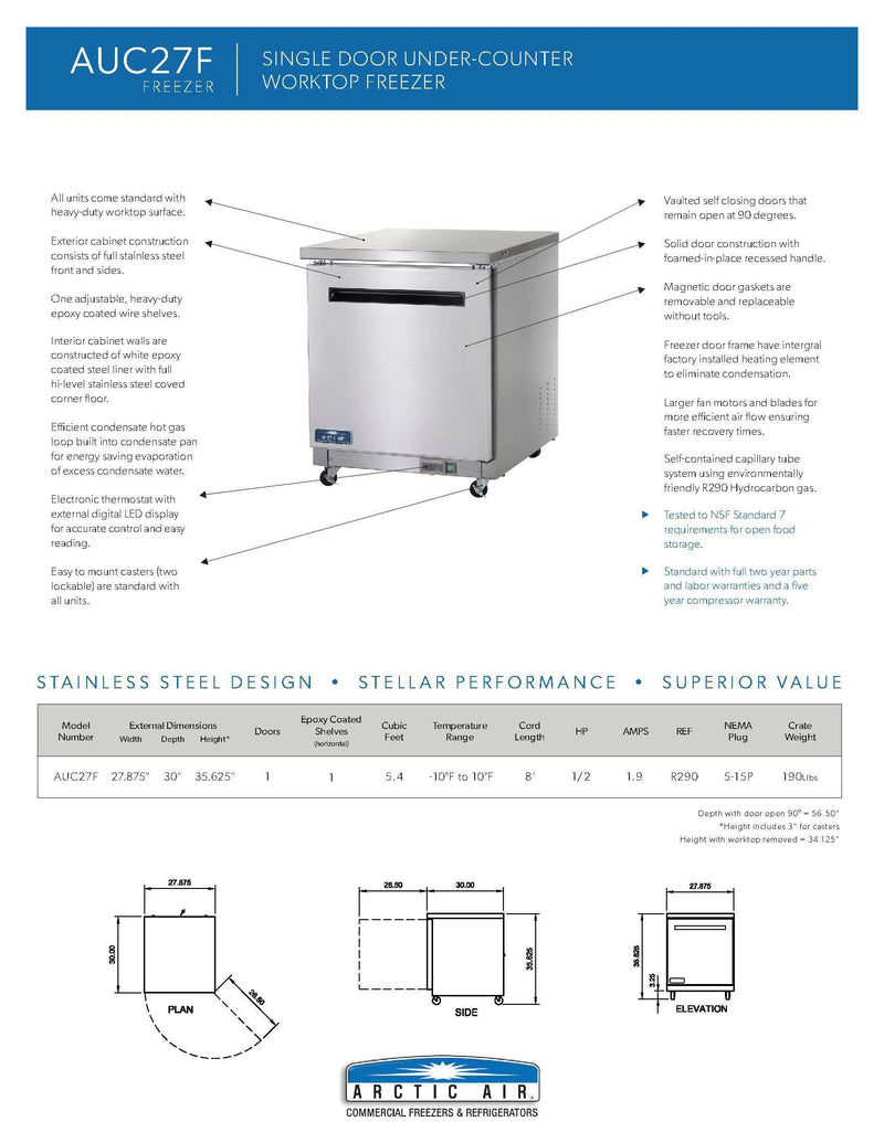 Arctic Air AUC27F 27" Single Door Undercounter Freezer - Donut-Equipment.com