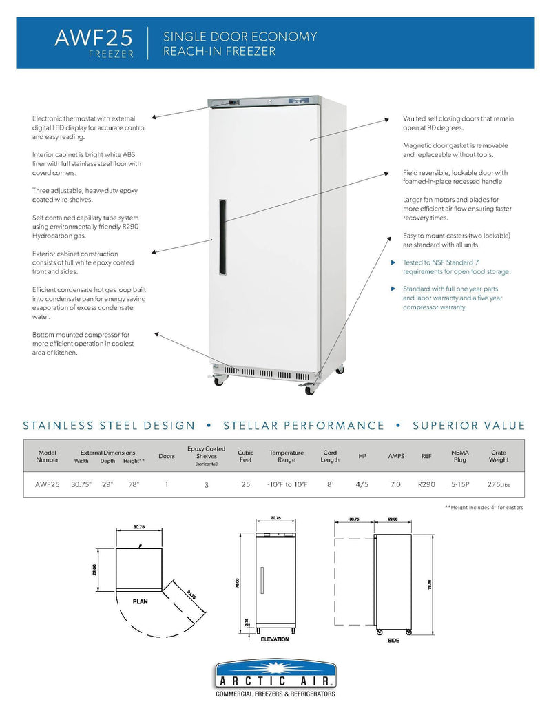 Arctic Air AWF25 White Single Door Reach In Freezer - Donut-Equipment.com
