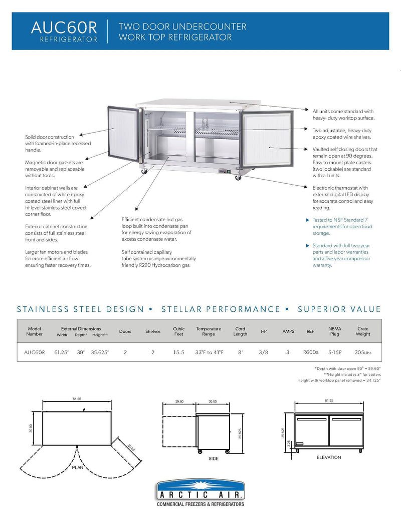 Arctic Air AUC60R 60" Undercounter Refrigerator - Donut-Equipment.com