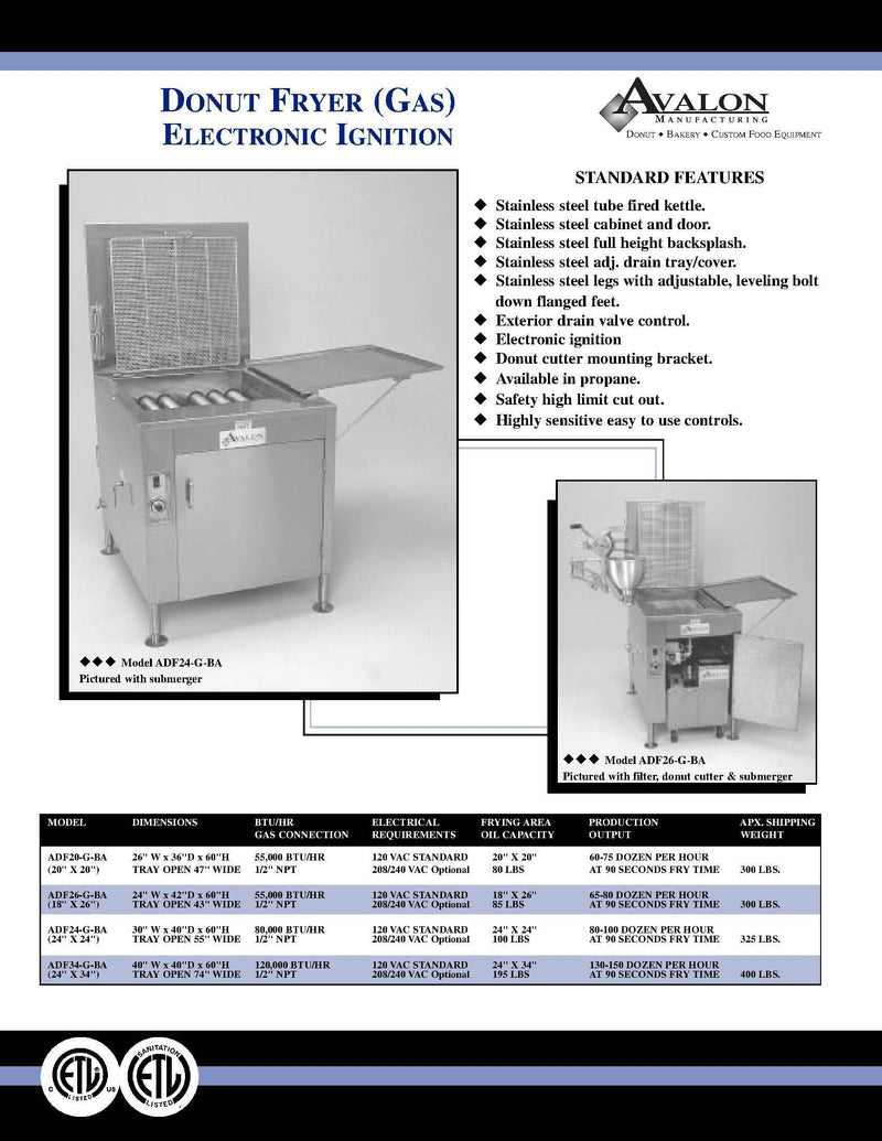 Avalon (ADF26G-BA) 18" x 26" Donut Fryer, Natural Gas, Electronic Ignition, Right Side Drain Board with Submerger - Donut-Equipment.com