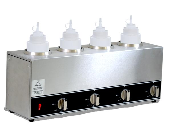 Omcan 4 x 32 oz Quadruple Bottle Sauce Warmer – Commercial Countertop Four-Bottle Condiment Heating Station for Sauces and Dressings - Donut-Equipment.com