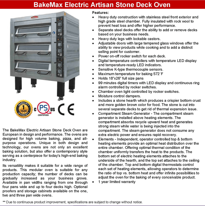 BakeMax Electric Artisan Stone Deck Ovens 3 Pan Wide, 1 to 4 decks - Donut-Equipment.com