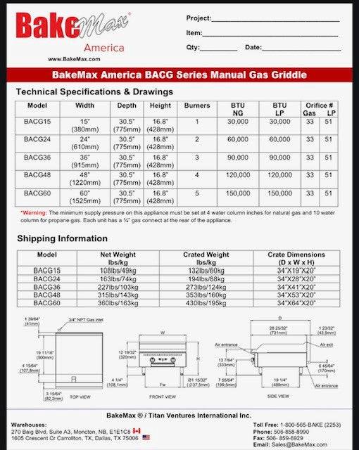 BakeMax America BACG Series Manual Gas Griddle (5 sizes) - Donut-Equipment.com