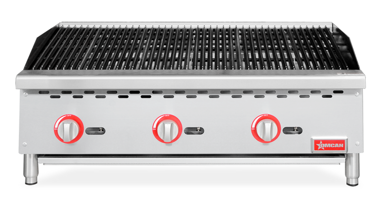 Omcan 36" Radiant Gas Charbroiler – 105,000 BTU Commercial Countertop Charbroiler with 3 Burners and Heavy-Duty Cast Iron Grates - Donut-Equipment.com