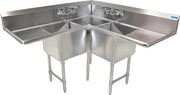 BK Resources Stainless Steel 3 Compartment Corner Sink w/ Dual 24" Drainboards – 18"L x 18"W x 14"D Bowls - Donut-Equipment.com