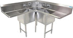 BK Resources Stainless Steel 3 Compartment Corner Sink w/ Dual 24" Drainboards – 18"L x 18"W x 14"D Bowls - Donut-Equipment.com