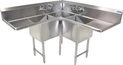 BK Resources Stainless Steel 3 Compartment Corner Sink w/ Dual 24" Drainboards – 18"L x 18"W x 14"D Bowls - Donut-Equipment.com