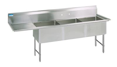 BK Resources Stainless Steel 3 Compartment Sink w/ 10" Riser & Left Drainboard – 18"L x 18"W x 14"D Bowls - Donut-Equipment.com