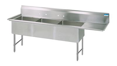 BK Resources Stainless Steel 3 Compartment Sink w/ 10" Riser & Right Drainboard – 24"L x 24"W x 14"D Bowls - Donut-Equipment.com