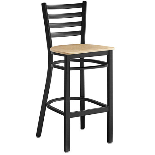 Omcan Bar Height Metal Ladder Back Chair with Natural Wood Seat – Commercial Restaurant Bar Chair with Steel Frame and Solid Wood Seat Design