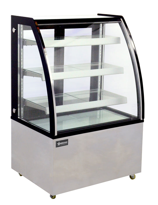 Omcan 36″ Curved Glass Floor Refrigerated Display Showcase – 10.95 Cu. Ft. (310L), Three-Shelf Stainless Steel Bakery & Merchandising Display Cooler