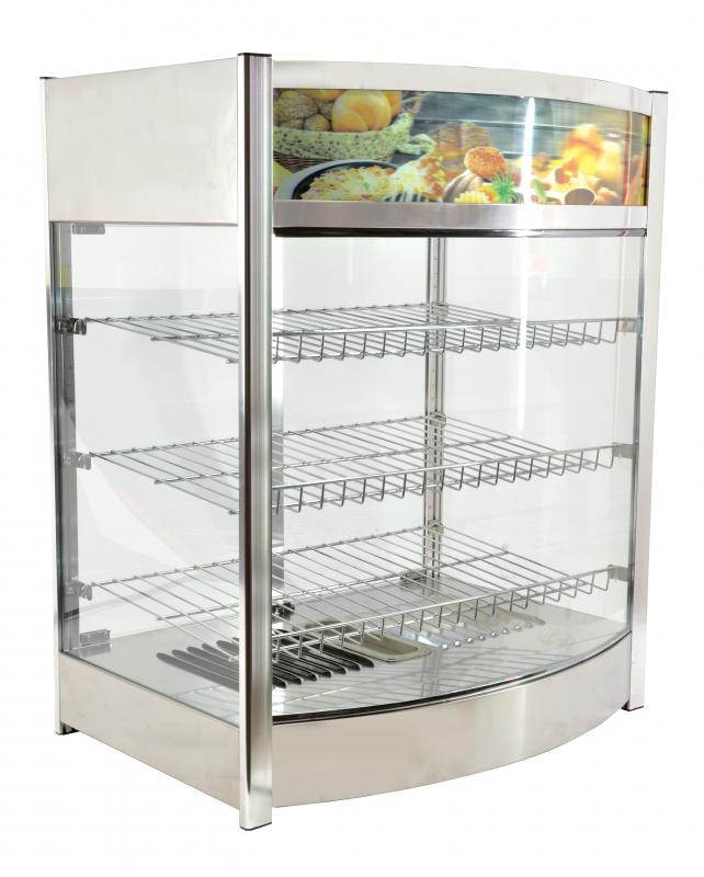Omcan 26″ Countertop Display Warmer – 4.8 Cu. Ft. (137L), 3-Shelf Full-Service Heated Merchandiser Display Case with Rear Access Doors