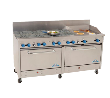 Comstock-Castle 2F330-12 72" Gas Restaurant Range, 10 Open Burners, 12" Hot Plate, 2 Standard Ovens, Stainless Steel Front, 320,000 BTU - Donut-Equipment.com