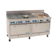 Comstock-Castle 2F330-24 72" Gas Restaurant Range, 8 Open Burners, 24" Griddle, 2 Standard Ovens, Stainless Steel Front, 316,000 BTU - Donut-Equipment.com