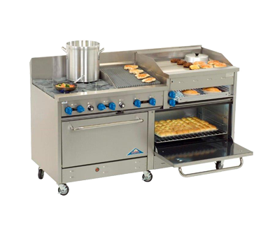 Comstock-Castle 2F330-24B 72" Gas Restaurant Range, 8 Open Burners, 24" Charbroiler, 2 Standard Ovens, Stainless Steel Front, 222,000 BTU - Donut-Equipment.com