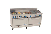 Comstock-Castle 2F330-36-2RB 72" Gas Restaurant Range, 2 Open Burners, 36" Griddle, 24" Radiant Broiler, 2 Standard Ovens, Stainless Steel Front, 246,000 BTU - Donut-Equipment.com
