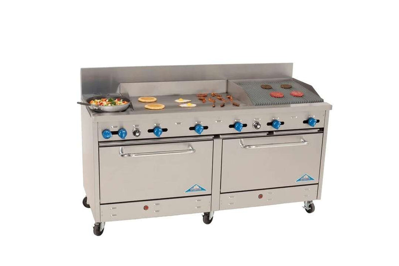 Comstock-Castle 2F330-36-2RB 72" Gas Restaurant Range, 2 Open Burners, 36" Griddle, 24" Radiant Broiler, 2 Standard Ovens, Stainless Steel Front, 246,000 BTU - Donut-Equipment.com