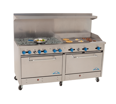 Comstock-Castle 2F330-36 72" Gas Restaurant Range, 6 Open Burners, 36" Griddle, 2 Standard Ovens, Stainless Steel Front, 294,000 BTU - Donut-Equipment.com