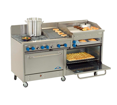 Comstock-Castle 2F330-3RB-36B 72" Gas Restaurant Range, 4 Open Burners, 36" Radiant Broiler, 36" Charbroiler, 2 Standard Ovens, Stainless Steel Front, 195,000 BTU - Donut-Equipment.com