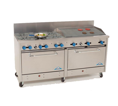 Comstock-Castle 2F330-3RB 72" Gas Restaurant Range, 6 Open Burners, 36" Radiant Broiler, 2 Standard Ovens, Stainless Steel Front, 279,000 BTU - Donut-Equipment.com