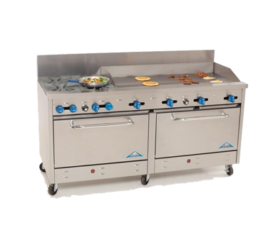 Comstock-Castle 2F330-60 72" Gas Restaurant Range, 2 Open Burners, 60" Griddle, 2 Standard Ovens, Stainless Steel Front, 234,000 BTU - Donut-Equipment.com