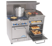 Comstock-Castle F3218-36B 48" Gas Restaurant Range, 2 Open Burners, 36" Charbroiler, 2 Standard Ovens, Stainless Steel Front, 158,000 BTU - Donut-Equipment.com